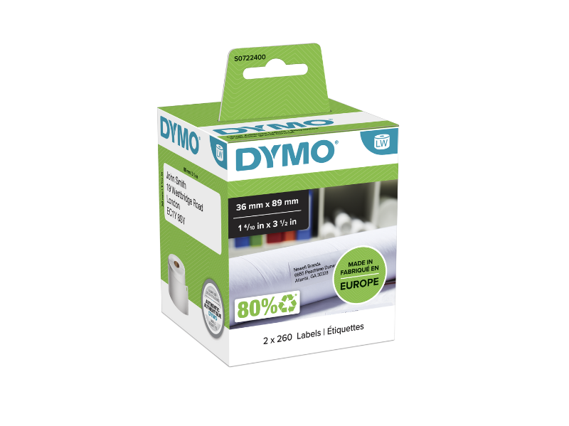 DYMO LABEL ADDRESS LARGE WHITE PAPER 89X36MM 2rolls/260labels S0722400